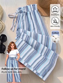 Rusticease Plus Size Vacation Minimalist Casual Blue And White Colorblock Drawstring Waist Loose Pants Beach Autumn Fall - Blue - View 12
