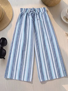 Rusticease Plus Size Vacation Minimalist Casual Blue And White Colorblock Drawstring Waist Loose Pants Beach Autumn Fall - Blue - View 4