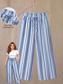 Rusticease Plus Size Vacation Minimalist Casual Blue And White Colorblock Drawstring Waist Loose Pants Beach Autumn Fall - Blue - View 11