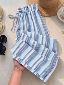 Rusticease Plus Size Vacation Minimalist Casual Blue And White Colorblock Drawstring Waist Loose Pants Beach Autumn Fall - Blue - View 10