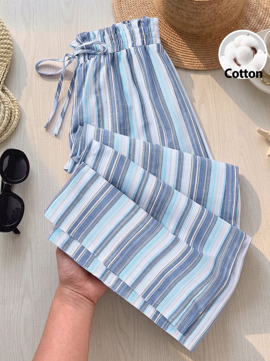 Rusticease Plus Size Vacation Minimalist Casual Blue And White Colorblock Drawstring Waist Loose Pants Beach Autumn Fall - Blue - View 1