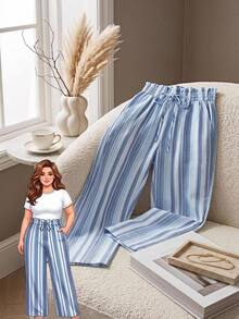 Rusticease Plus Size Vacation Minimalist Casual Blue And White Colorblock Drawstring Waist Loose Pants Beach Autumn Fall - Blue - View 3