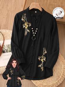 Rusticease Plus Size Women's Floral Embroidered Pattern Casual Daily Wear Blouse Fall - Black - View 2