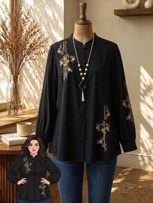 Rusticease Plus Size Women's Floral Embroidered Pattern Casual Daily Wear Blouse Fall - Black - View 1