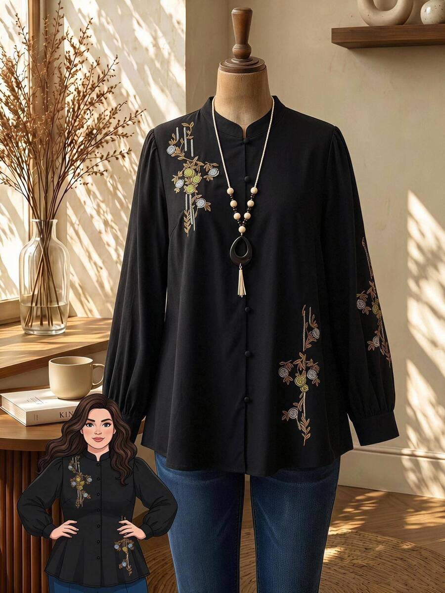 Rusticease Plus Size Women's Floral Embroidered Pattern Casual Daily Wear Blouse Fall - Black - View 1