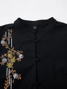 Rusticease Plus Size Women's Floral Embroidered Pattern Casual Daily Wear Blouse Fall - Black - View 5