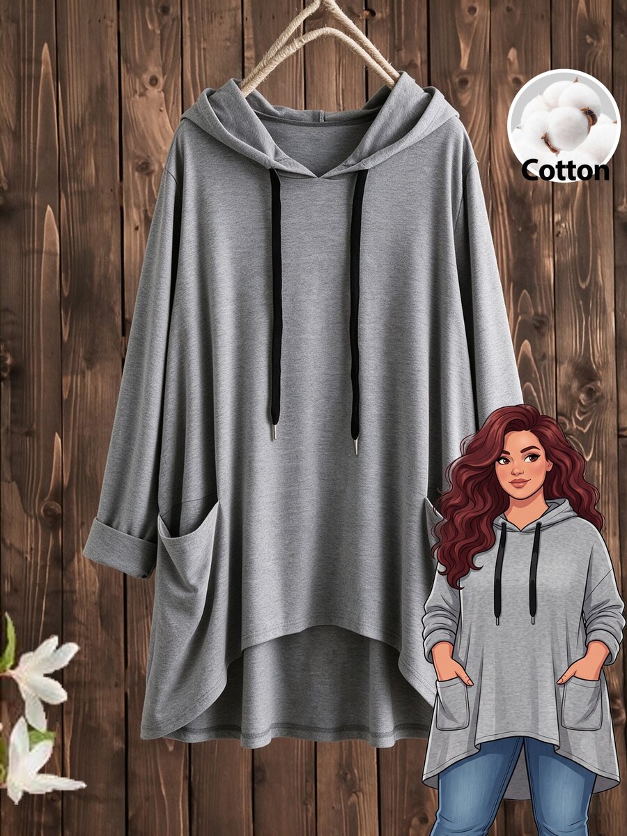 Rusticease Plus Size Women Solid Color Drawstring Hooded Casual Soft Form Traditional Daily Vacation Formal T-Shirt Kelly Green Autumn Fall Formal Beach Vacation - Grey - View 1