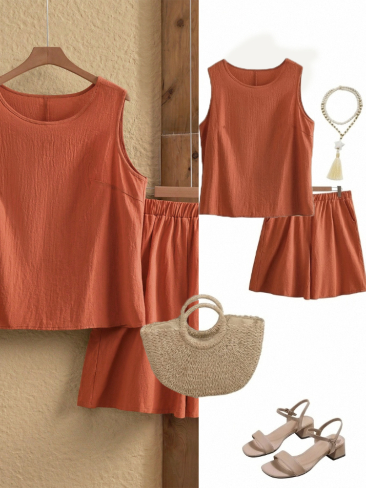 Rusticease 2pcs Plus Size Sleeveless Orange Solid Color Camisole Top Shorts Set With Pockets, Summer Holiday Smart Casual Casual Formal Outfits Vacation - Burnt Orange - View 8