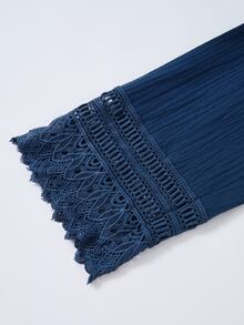 Rusticease Plus Size Women Solid Color Contrast Lace Round Neck Long Sleeve Top And Wide Leg Pants 2 Pieces Set Formal Office Brunch Navy Blue Autumn Casual - Blue - View 5