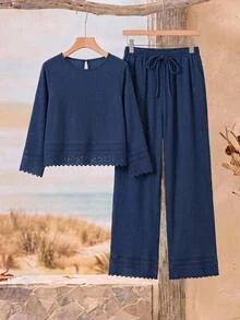 Rusticease Plus Size Women Solid Color Contrast Lace Round Neck Long Sleeve Top And Wide Leg Pants 2 Pieces Set Formal Office Brunch Navy Blue Autumn Casual - Blue - View 3