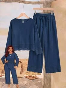 Rusticease Plus Size Women Solid Color Contrast Lace Round Neck Long Sleeve Top And Wide Leg Pants 2 Pieces Set Formal Office Brunch Navy Blue Autumn Casual - Blue - View 7