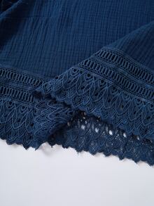 Rusticease Plus Size Women Solid Color Contrast Lace Round Neck Long Sleeve Top And Wide Leg Pants 2 Pieces Set Formal Office Brunch Navy Blue Autumn Casual - Blue - View 4