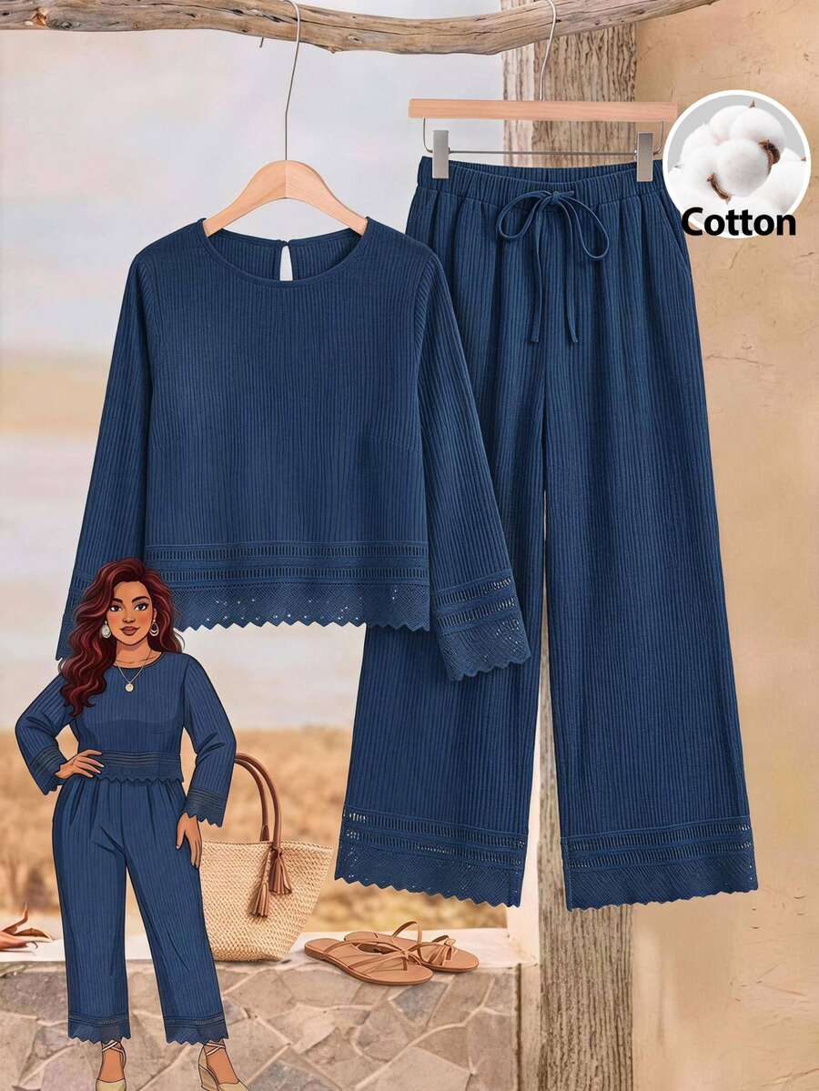 Rusticease Plus Size Women Solid Color Contrast Lace Round Neck Long Sleeve Top And Wide Leg Pants 2 Pieces Set Formal Office Brunch Navy Blue Autumn Casual - Blue - View 1