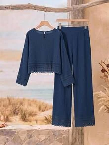 Rusticease Plus Size Women Solid Color Contrast Lace Round Neck Long Sleeve Top And Wide Leg Pants 2 Pieces Set Formal Office Brunch Navy Blue Autumn Casual - Blue - View 2