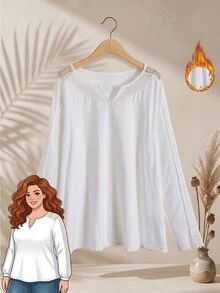 Rusticease Kaos Ukuran Besar Kasual Musim Gugur Elegan Tradisional dengan Patchwork Renda untuk Liburan Formal Putih untuk Makan Siang Musim Gugur - Putih - View 10