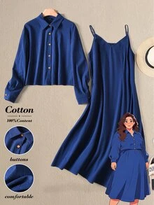 Rusticease Plus Size Business Casual Soft Form Normal Commuter Solid Color Shirt Slip Dress 2 Pieces Set Teachers' Day Formal Outfit For Women Royal Blue Autumn - Navy Blue - View 7