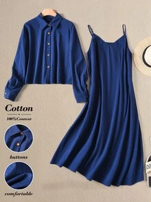 Rusticease Plus Size Business Casual Soft Form Normal Commuter Solid Color Shirt Slip Dress 2 Pieces Set Teachers' Day Formal Outfit For Women Royal Blue Autumn - Navy Blue - View 6