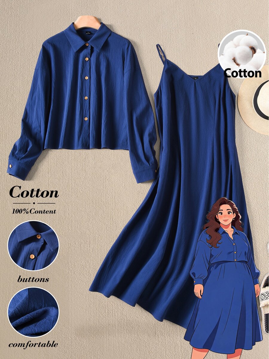 Rusticease Plus Size Business Casual Soft Form Normal Commuter Solid Color Shirt Slip Dress 2 Pieces Set Teachers' Day Formal Outfit For Women Royal Blue Autumn - Navy Blue - View 1