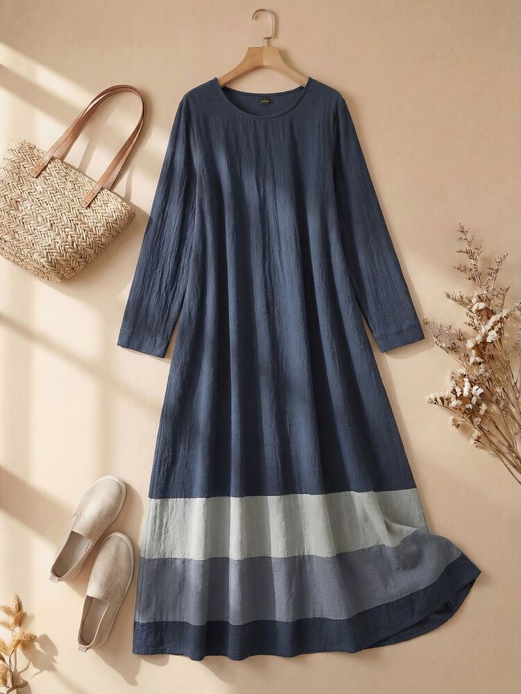 Rusticease Plus Size Women Contrast Color Round Neck Long Sleeve Casual Smart Modest Loose Dress Beach Formal Holiday Concert Vacation Outfit Dusty Blue Autumn - Blue - View 3