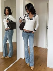 Aloruh Sweater Pullover Lengan Panjang Wanita Motif Garis-Garis dan Blok Warna - Hitam dan Putih - View 6