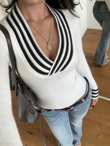 Aloruh Sweater Pullover Lengan Panjang Wanita Motif Garis-Garis dan Blok Warna - Hitam dan Putih - View 8