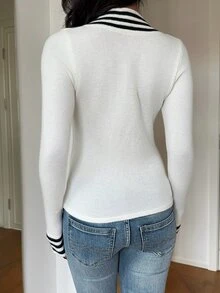 Aloruh Sweater Pullover Lengan Panjang Wanita Motif Garis-Garis dan Blok Warna - Hitam dan Putih - View 3