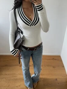 Aloruh Sweater Pullover Lengan Panjang Wanita Motif Garis-Garis dan Blok Warna - Hitam dan Putih - View 5