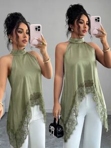 SHEIN Elenzya Women's Elegant Contrast Lace Asymmetrical Hem Halter Neck Blouse, Suitable For Summer Vacation - Green - View 5
