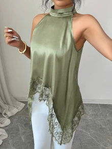 SHEIN Elenzya Women's Elegant Contrast Lace Asymmetrical Hem Halter Neck Blouse, Suitable For Summer Vacation - Green - View 8
