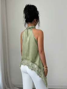 SHEIN Elenzya Women's Elegant Contrast Lace Asymmetrical Hem Halter Neck Blouse, Suitable For Summer Vacation - Green - View 2