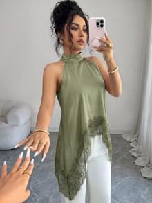 SHEIN Elenzya Women's Elegant Contrast Lace Asymmetrical Hem Halter Neck Blouse, Suitable For Summer Vacation - Green - View 6