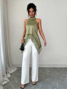 SHEIN Elenzya Women's Elegant Contrast Lace Asymmetrical Hem Halter Neck Blouse, Suitable For Summer Vacation - Green - View 4