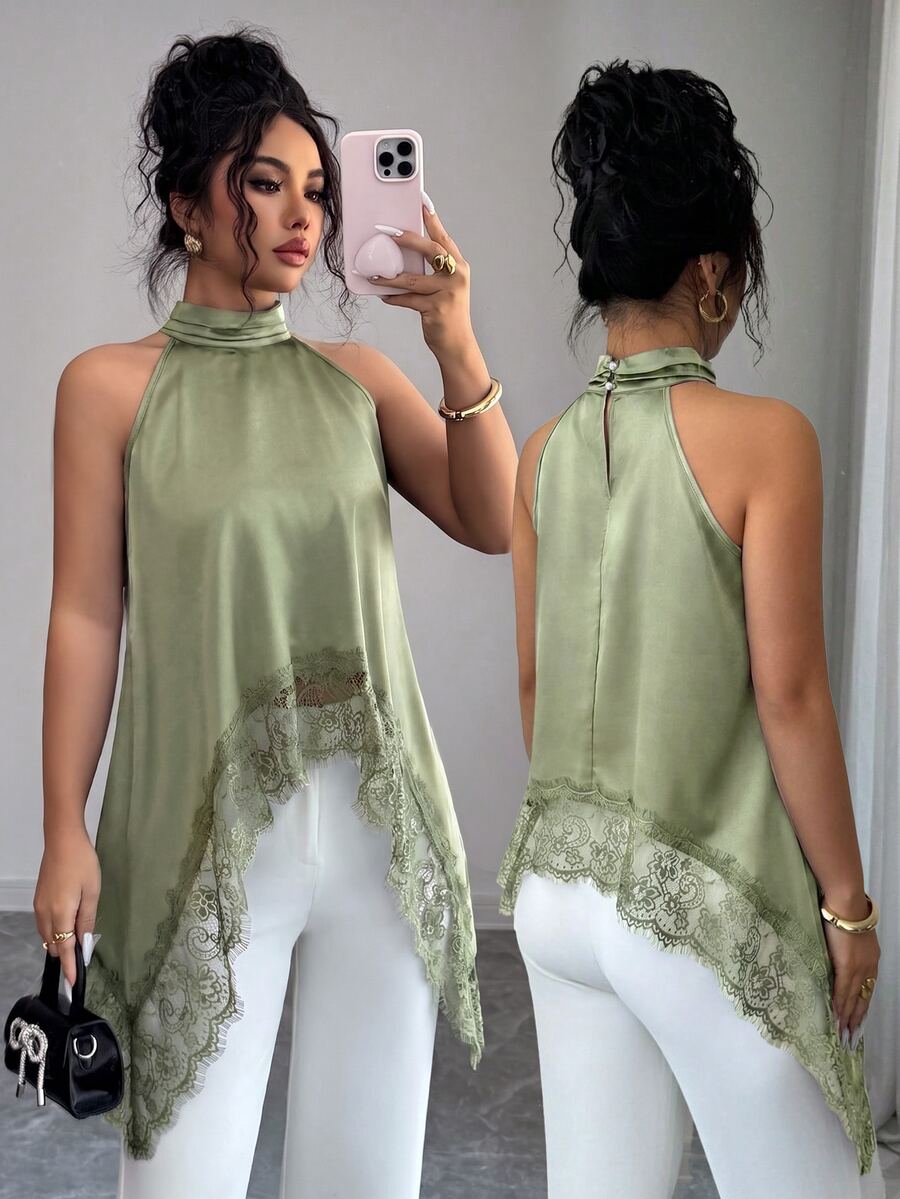 SHEIN Elenzya Women's Elegant Contrast Lace Asymmetrical Hem Halter Neck Blouse, Suitable For Summer Vacation - Green - View 1