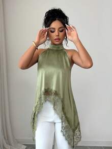 SHEIN Elenzya Women's Elegant Contrast Lace Asymmetrical Hem Halter Neck Blouse, Suitable For Summer Vacation - Green - View 3