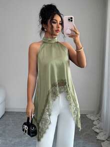 SHEIN Elenzya Women's Elegant Contrast Lace Asymmetrical Hem Halter Neck Blouse, Suitable For Summer Vacation - Green - View 7