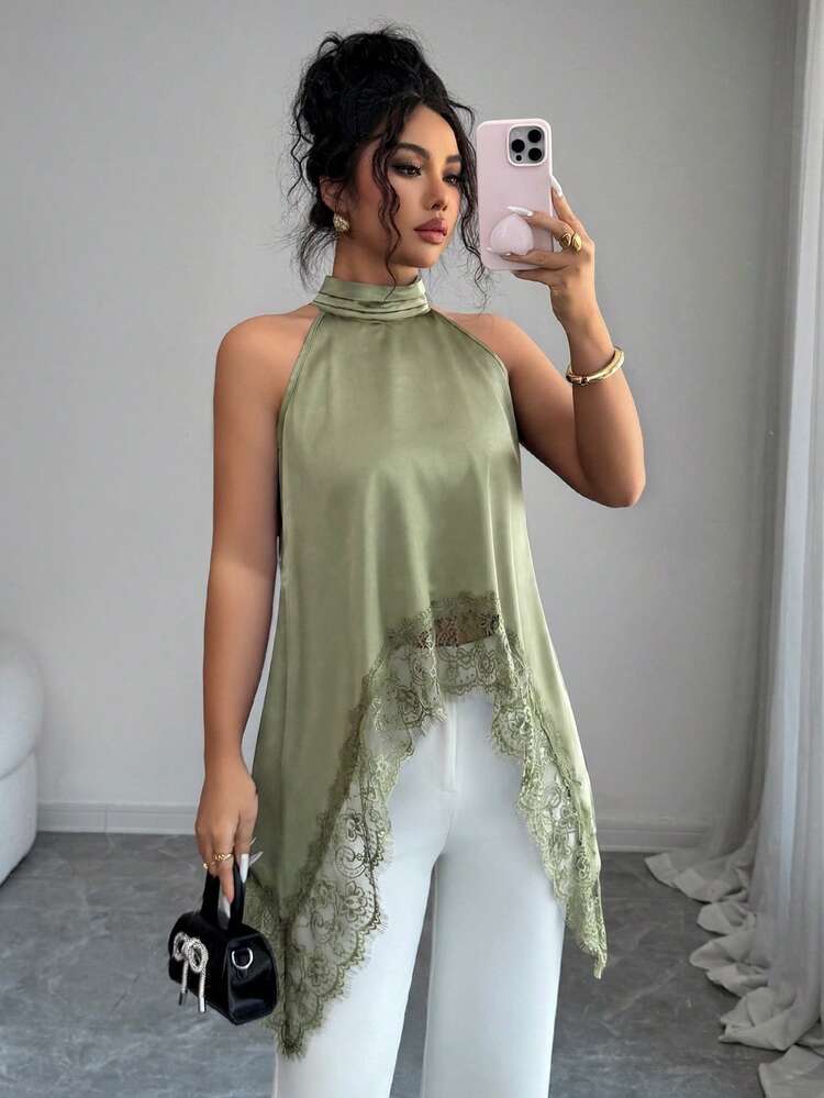 SHEIN Elenzya Women's Elegant Contrast Lace Asymmetrical Hem Halter Neck Blouse, Suitable For Summer Vacation - Green - View 7