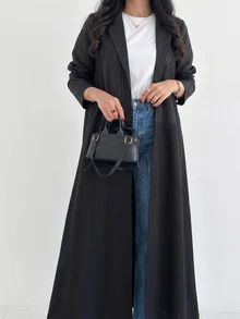 Yasmyna 女款黑色編織條紋長袖優雅保守阿拉伯式長袍 - 黑色 - 查看 7