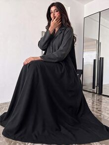 Yasmyna 女款黑色編織條紋長袖優雅保守阿拉伯式長袍 - 黑色 - 查看 4