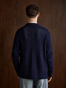 Manfinity CityGents Old Money Men Turn-Down Collar Cardigans , For Husband, Boyfriend Gifts , Fall Winter, Long Sleeve Top, Holiday Gift, Boyfriend Gift, Husband Gift - Navy Blue - View 2