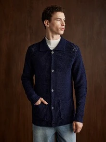 Manfinity CityGents Old Money Men Turn-Down Collar Cardigans , For Husband, Boyfriend Gifts , Fall Winter, Long Sleeve Top, Holiday Gift, Boyfriend Gift, Husband Gift - Navy Blue - View 3