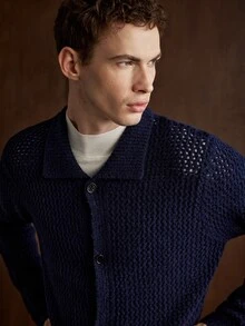 Manfinity CityGents Old Money Men Turn-Down Collar Cardigans , For Husband, Boyfriend Gifts , Fall Winter, Long Sleeve Top, Holiday Gift, Boyfriend Gift, Husband Gift - Navy Blue - View 5
