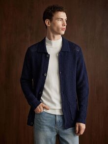 Manfinity CityGents Old Money Men Turn-Down Collar Cardigans , For Husband, Boyfriend Gifts , Fall Winter, Long Sleeve Top, Holiday Gift, Boyfriend Gift, Husband Gift - Navy Blue - View 1