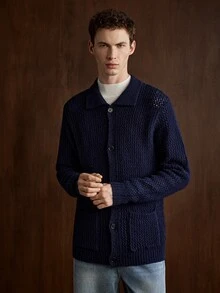 Manfinity CityGents Old Money Men Turn-Down Collar Cardigans , For Husband, Boyfriend Gifts , Fall Winter, Long Sleeve Top, Holiday Gift, Boyfriend Gift, Husband Gift - Navy Blue - View 4