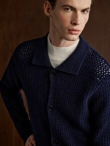 Manfinity CityGents Old Money Men Turn-Down Collar Cardigans , For Husband, Boyfriend Gifts , Fall Winter, Long Sleeve Top, Holiday Gift, Boyfriend Gift, Husband Gift - Navy Blue - View 8