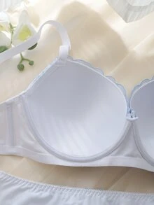 DelicateAllure 2pcs 3/4 Cup + Panty Embroidered Floral Fresh Elegant Minimalist Underwire Push-Up Padded Bra Set Plus Size - Baby Blue - View 5