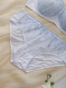 DelicateAllure 2pcs 3/4 Cup + Panty Embroidered Floral Fresh Elegant Minimalist Underwire Push-Up Padded Bra Set Plus Size - Baby Blue - View 3