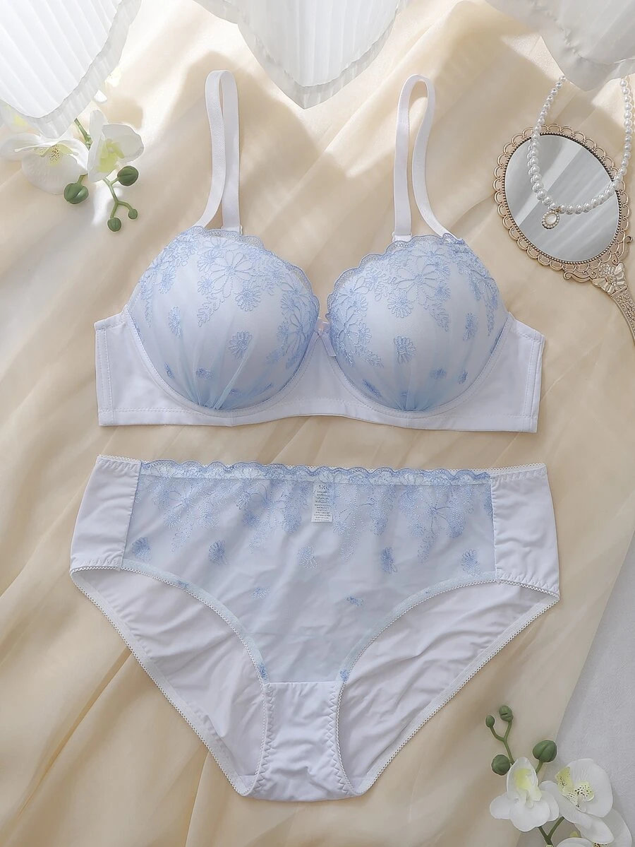 DelicateAllure 2pcs 3/4 Cup + Panty Embroidered Floral Fresh Elegant Minimalist Underwire Push-Up Padded Bra Set Plus Size - Baby Blue - View 1