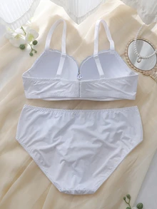 DelicateAllure 2pcs 3/4 Cup + Panty Embroidered Floral Fresh Elegant Minimalist Underwire Push-Up Padded Bra Set Plus Size - Baby Blue - View 2