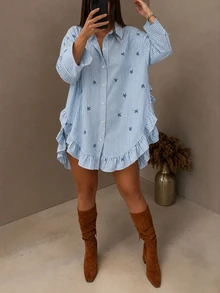 Vionelle Plus Size Women's Elegant Cute Casual Striped Bow Pattern Ruffle Long Sleeve Spring/Autumn Blouse Brunch Formal Office Light Blue Sequin - Blue - View 3