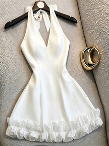 SHEIN Franclia 優雅時尚婚禮休閒洋裝 掛脖V領下擺蕾絲拼接洋裝 優雅洋裝 約會洋裝 正式洋裝 婚紗洋裝 荷葉邊洋裝 優雅派對洋裝 白色洋裝 - 白色 - 查看 3